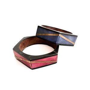 vintage | 60s 70s artisan handcrafted wood brass inlay chunky geometric bangles